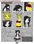 4_toes american_opossum anthro artist_name belly big_belly black_body black_eyes black_fur black_hair blonde_hair breasts claws clothing comic dialogue digital_media_(artwork) duo eeveelution english_text feet female fur generation_1_pokemon grey_body grey_fur hair hi_res jewelry jolteon joselyn_(spikethefurry) kia_(spikethefurry) mammal marsupial monochrome necklace nintendo paws pokemon pokemon_(species) pregnant pregnant_anthro pregnant_female red_eyes simple_background solo spike_the_furry tail text toes url virginia_opossum white_body white_fur yellow_body yellow_fur