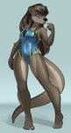 2024 5_fingers 5_toes anthro barefoot black_nose brown_body brown_eyes brown_fur brown_hair clothed clothing dstears eyelashes feet female fingers fur hair hi_res humanoid_feet inner_ear_fluff long_hair mammal mustelid nails nat_(mykegreywolf) one-piece_swimsuit otter plantigrade simple_background solo spread_toes swimwear tail toenails toes tuft