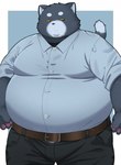 2024 anthro belly big_belly black_body black_nose bottomwear clothing domestic_cat felid feline felis hi_res kemono male mammal overweight overweight_male pants shirt simple_background solo topwear trail_arnak