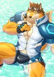 abs absurd_res anthro barrel_(live_a_hero) beach bulge canid canine canis clothing countershading eyewear fingerless_gloves gloves goggles gohki_shiranui handwear hi_res keijimohumohu lifewonders live_a_hero male mammal muscular muscular_anthro muscular_male one_eye_closed partially_submerged pecs seaside sojin_advance solo swimwear water wink wolf