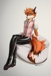 8-track bedroom_eyes canid canine collared_shirt fox fur glistening glistening_legs hi_res latex male mammal markings narrowed_eyes orange_body orange_fur paws pinup pose seductive sitting snowiezegreight solo striped_markings striped_tail stripes tail tail_markings