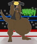 anthro belly big_belly burping championship_belt clothing eyewear eyewear_on_head fighting_ring food fruit goggles goggles_on_head hi_res kangaroo long_ears macropod male mammal marsupial muscular muscular_male plant raisin ryan_(scaleyvore) solo thick_thighs topwear unknownwolf vest vore