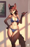 anthro arm_tuft bikini blue_bikini blue_clothing blue_swimwear bra breasts brown_body brown_fur brown_hair camel_toe canid canine canis chest_tuft cleavage clothed clothing curvy_figure elbow_tuft eyebrows eyelashes female front_view fur gesture green_eyes hacatiko hair hand_gesture hand_on_hip hi_res hourglass_figure inner_ear_fluff inside looking_at_viewer mammal medium_breasts morning navel nipple_outline panties portrait pose raised_finger raised_index_finger shoulder_tuft smile solo standing swimwear tail tan_body tan_fur thigh_gap three-quarter_portrait tuft two-piece_swimsuit underwear wide_hips wolf