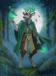 2024 anthro black_hooves clothed clothing cloven_hooves deer forest forest_background grass green_eyes grey_horn hi_res hooves horn magic_user male mammal nature nature_background neverneverland plant rock solo tree unguligrade