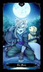 anthro bastionshadowpaw biped braided_hair canid canine canis card card_template claws clothed clothing domestic_dog feral fingers floppy_ears fortune_telling full_moon group hair hi_res howl lum_the_wolf major_arcana mammal melee_weapon moon paws sword tail tarot tarot_card the_moon_(tarot) water weapon wolf