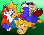 3_toes 4_toes anthro bottomless boutin2009 claws clothed clothing demon duo eyewear feet foot_fetish foot_focus foot_on_face hair hi_res koopa koopaling long_hair male male/male mario_bros nintendo orange_body pawpads paws purath_(barazany420) roy_koopa scalie slightly_chubby snaggle_tooth sunglasses toes topless yellow_body