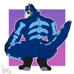 1:1 anthro big_butt black_body black_fur blue_body blue_eyes blue_fur bob_(its_just_bob) broly_culo butt crouching fangs felid feline fur grey_pawpads hi_res konory looking_at_viewer looking_back male mammal markings mask meme muscular muscular_anthro muscular_male pawpads skeleton_(marking) skull_mask skullcat_(sar) solo tail teeth whiskers