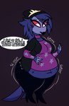 anthro avian belly belly_peeking_out big_belly big_breasts bird blueberry_inflation breasts coleman12345 english_text exposed_belly female growth_lines helluva_boss hi_res hyper hyper_inflation inflation midriff navel octavia_(helluva_boss) owl owl_demon rumbling_stomach slosh solo sound_effects speech_bubble text thick_thighs wide_hips