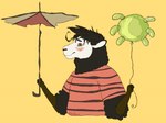 2017 alternate_species anthro balloon black_body black_fur black_nose black_stripes black_wool bovid brown_eyes brown_hands bust_portrait caprine clothing colored don't_starve eyebrows flat_colors fur furrification hair holding_balloon holding_object holding_umbrella horizontal_pupils inflatable klei_entertainment looking_at_viewer male mammal nikodavis pattern_clothing pattern_shirt pattern_t-shirt pattern_topwear portrait pupils red_cheeks red_clothing red_shirt red_t-shirt red_topwear sheep shirt short_hair signature simple_background smile solo striped_clothing striped_shirt striped_t-shirt striped_topwear stripes t-shirt topwear umbrella wes_(don't_starve) white_face white_inner_ear wool_(fur) wool_hair yellow_background