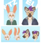 absurd_res anthro black_nose chest_tuft chin_tuft circle_eyebrows clothing duo ear_piercing eli_(somesoup) eyebrows facial_tuft fur green_eyes hair hi_res hyena jacket lagomorph leporid male male/male mammal markings model_sheet mohawk mole_(marking) orange_eyes piercing pink_nose purple_hair rabbit ritz_(somesoup) shirt smile somesoup spots spotted_body spotted_fur t-shirt tan_body tan_fur tank_top text topwear tuft white_body white_fur white_hair