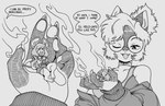 2023 anthro comic cute_fangs dialogue domestic_cat duo emmacat64 english_text extreme_size_difference felid feline felis female greyscale hair holding_another in_hand kitkat_(emmacat64) larger_female mammal micro monochrome mouse murid murine rodent size_difference smaller_female species_transformation text tied_hair transformation