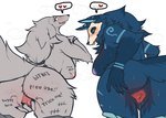 abyssal_wolf accessory anthro arm_tuft bent_over big_breasts black_nose blue_body blue_fur blush bodily_fluids body_writing borzoi breasts butt canid canine canis domestic_dog drooling duo elbow_tuft elvia english_text female fur genitals grey_body grey_eyes grey_fur grey_hair hair hair_accessory hairband heart_symbol hi_res hunting_dog in_heat josun kim_(josun) looking_at_viewer looking_back mammal mask nipples nude open_mouth orange_eyes pussy saliva sighthound simple_background skull_mask smile spread_butt spread_pussy spreading steam sweat take_your_pick text tuft wolf