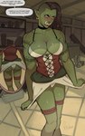 areola breasts butt cleavage clothed clothing collar corset detailed_background dialogue disclaimer ear_piercing ear_ring english_text female green_body green_skin hi_res humanoid humanoid_pointy_ears lingerie muscular muscular_female orc piercing pointy_ears ring_piercing skimpy solo speech_bubble tattoo text topwear tusks