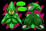 absurd_res big_breasts breasts crossgender dialogue ear_piercing ear_ring empty_eyes english_text female goblin green_body green_goblin hi_res humanoid humanoid_pointy_ears marvel metallic_body nipples not_furry open_mouth piercing ring_piercing sharp_teeth solo sound_effects speech_bubble teeth text therizkpiecraft