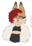 anthro blue_eyes brown_body brown_fur clothed clothing felid feline female fur hair hi_res ink_dragunov lynx mammal moondrawss red_hair scar simple_background solo white_background