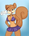 2016 annoyed anthro athletic athletic_anthro athletic_female bikini blue_background bottomwear breasts brown_body brown_fur clothed clothing dialogue digital_media_(artwork) english_text female fur g-string half-closed_eyes hands_on_hips head_tuft hi_res looking_at_viewer mammal midriff miniskirt narrowed_eyes navel nickelodeon nipple_outline open_mouth pink_nose rodent sandwich-anomaly sandy_cheeks sciurid simple_background skimpy skirt solo speech_bubble spongebob_squarepants standing string_bikini swimwear text tree_squirrel tuft two-piece_swimsuit under_boob underwear unimpressed