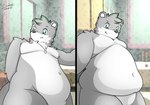 2023 2_panel_comic anthro arm_tuft bathroom before_and_after belly big_belly cel_shading colored comic comparison dated digital_media_(artwork) eyebrows fat_rolls fluffy front_view fur green_eyes green_highlights grey_body grey_fur grey_hair hair highlights_(coloring) jewelry leaning leaning_backward looking_at_viewer male mammal moobs mouth_closed mustelid navel necklace nude obese obese_anthro obese_male otter overweight overweight_anthro overweight_male quillott selfie shaded signature simple_background slightly_chubby slightly_chubby_anthro slightly_chubby_male smile solo standing thick_thighs three-quarter_view tuft weight_gain wide_hips ziul_husky