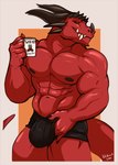 anthro barazoku beverage black_horn bulge clothed clothing dragon drake_(disambiguation) fangs hi_res holding_bulge horn lilshark male muscular muscular_anthro muscular_male mythological_creature mythological_scalie mythology nipples pecs red_body scalie solo teeth topless underwear