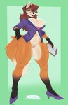 anthro big_breasts breasts brown_hair canid canine cassie_(foxydude) cleavage clipboard clothed clothing eyewear female footwear fox genitals glasses green_eyes hair hi_res high_heels long_hair looking_at_viewer mammal pencil_(object) pussy shoes smile solo torou