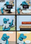 2024 4_fingers 6_panel_comic absurd_res alligatorid an_otter_of_mine annoyed anthro arctic_fox arm_support artist_logo azurlligator baseboard black_nose blue_body blue_chair blue_eyes blue_scales blue_wall book bookshelf bulging_neck canid canine carpet chair colored comic computer_keyboard computer_monitor computer_mouse crocodilian desk dialogue digital_drawing_(artwork) digital_media_(artwork) eyes_closed facial_scar fangs fingers fox fur furniture green_carpet half-closed_eyes hand_on_face hand_on_head hi_res holding_book holding_object inside leaning_on_elbow library logo male mammal membrane_(anatomy) muscular muscular_anthro muscular_male name_in_dialogue narrowed_eyes nathile_tiduna nickname office_chair open_mouth poster pupils reading reading_book red_eyes reptile scales scalie scar scutes shaded simple_shading sitting skywater slit_pupils smile speech_bubble standing table talking_to_self teeth text text_box thought_bubble thoughts true_fox wall_(structure) webbed_hands white_body white_fur yellow_scutes yoshimi_tharpes