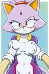 2:3 anthro black_nose blaze_the_cat blush breast_grab breasts clothed clothing domestic_cat felid feline felis female forehead_gem fur gem grabbing_both_breasts hand_on_another's_breast hand_on_breast hi_res looking_at_viewer mammal nipple_outline purple_body purple_fur sega sonic_the_hedgehog_(series) sonicguru yellow_eyes