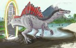 16:10 ahgjan city claws dinosaur dorsal_fin feral fin grey_body grey_scales head_crest male mountain outside plant portal prehistoric prehistoric_species red_body red_scales reptile scales scalie sharp_teeth solo spikes spikes_(anatomy) spinosaurid spinosaurus teeth theropod time_travel transformation tree water widescreen