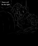 absurd_res anthro black_background colored_line_art comic dark digital_drawing_(artwork) digital_media_(artwork) english_text felid feline hi_res kofomy line_art male mammal monochrome simple_background solo speech_bubble text white_line_art