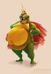 2018 3_toes absurd_res alex_henderson anthro belly big_belly bloodshot_eyes cape claws clothing crocodilian crown donkey_kong_(series) fangs feet gold_(metal) green_body headgear hi_res king_k._rool kremling male navel nintendo overweight reptile scalie small_tail solo tail teeth toes