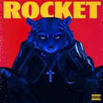 1:1 album_cover album_redraw anthro arms_on_knees blue_and_red clothing color_contrast cover cross cross_necklace guardians_of_the_galaxy gwen_the_psychic hand_on_head hi_res jewelry looking_at_viewer male mammal marvel necklace parental_advisory_sticker procyonid raccoon red_background ring_(jewelry) rocket_raccoon rogertaylorswift simple_background solo starboy_(album) text the_weeknd whiskers yellow_text