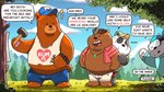 2022 anthro bear bear_and_breakfast belly black_eyes black_nose blush bottomwear brown_bear brown_body bulge cartoon_network clothed clothing cloud detailed_background dialogue digitslayer dot_eyes english_text eyewear eyewear_on_head giant_panda grizzly_(we_bare_bears) grizzly_bear group hammer hank_(bear_and_breakfast) hat headgear headwear ice_bear_(we_bare_bears) male mammal outside overweight overweight_male panda_(we_bare_bears) pants plant polar_bear shirt sunglasses sunglasses_on_head text text_on_clothing text_on_shirt text_on_topwear tools topwear tree ursine visor we_bare_bears white_body