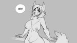 16:9 2024 anthro areola biped canid canine casual_nudity female fox genitals grey_background greyscale mammal monochrome nipples nude pussy railing simple_background smile solo speech_bubble watsup widescreen