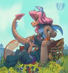 2023 2_horns anthro arthropod blush changeling cloud dragon duo equid equine female flower friendship_is_magic gesture grass hair hasbro hi_res horn horse ladydino looking_at_another lying mammal mina_(mlp) my_little_pony mythological_creature mythological_scalie mythology outside pharynx_(mlp) pink_hair plant pony scalie signature sitting sky suggestive suggestive_gesture tail teasing