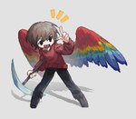 animal_humanoid avian avian_humanoid biped bird_humanoid black_eyes brown_hair chibi clothed clothing cute_fangs diamond_pickaxe digital_media_(artwork) emanata feathered_wings feathers grey_background grian hair hermitcraft hi_res holding_pickaxe humanoid macaw_humanoid male microsoft minecraft mojang multicolored_wings parrot_humanoid pixel_(artwork) red_clothing red_sweater red_topwear scarlet_macaw_humanoid shaded simple_background solo standing sweater topwear wings woqiqingxuan xbox_game_studios