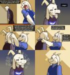 anthro asriel_dreemurr boss_monster_(undertale) bovid brown_eyes caprine comic delta_rune_(emblem) dialogue duo english_text eyes_closed fangs hi_res horn long_ears male mammal potoobrigham sparkles star symbol teeth text tired_of_this_shit toriel undertale undertale_(series)