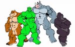 anthro ape bear black_body black_fur brown_bear brown_body brown_fur bruno_rhynox burf_bear featureless_chest featureless_crotch flat_colors fur gor_(tomcat) gorilla green_body green_skin grey_body grey_skin grizzly_bear group haplorhine humanoid male mammal muscular muscular_anthro muscular_male nude orc primate rhinoceros tomcat_(artist) trassk unfinished ursine