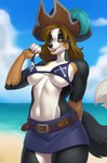 2024 5_fingers anthro bernese_mountain_dog bernie_sennenhund bikini bikini_top black_body black_fur black_nose bottomwear breasts brown_body brown_fur brown_hair canid canine canis clothed clothed_anthro clothed_female clothing domestic_dog female fingers flag_bikini fur hair hi_res humanoid_hands jolly_roger_bikini mammal molosser mountain_dog multicolored_body multicolored_fur navel pirate sand sea seitr_bulletproof skirt smile solo swimwear swiss_mountain_dog tail tricorne two-piece_swimsuit under_boob water white_body white_fur