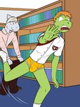 2018 amphibian anthro assisted_exposure belt blaise_(fuze) book bookshelf bottomwear briefs bulge clothed clothing duo fish footwear frog furniture fuze hi_res male male/male marine pants shark shirt shoes socks topwear underwear undressing yellow_briefs yellow_clothing yellow_underwear