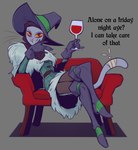 2024 alcohol alone_on_a_friday_night_(meme) anthro beverage biped boots bottomwear captain_aliaynel_seagrey clothing container cup digital_media_(artwork) domestic_cat drinking_glass english_text felid feline felis female female_anthro footwear fur fur_clothing furniture glass glass_container glass_cup gloves grey_background grey_body grey_fur handwear hat headgear headwear hi_res holding_glass holding_object holding_wine_glass legwear lenyavok looking_at_viewer mammal meme monotone_background pants pupils red_eyes shoes simple_background sitting slit_pupils sofa solo talking_to_viewer text thigh_boots thigh_highs whiskers wine wine_glass witch_hat yellow_sclera