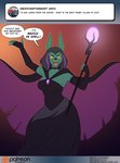 anthro anubian_jackal ask_blog canid canine canis cape clothing conditional_dnp costume dialogue dialogue_box digital_media_(artwork) disney ducktales ducktales_(2017) ear_piercing english_text fangs female fur green_body green_fur jackal kadath magic_user magica_de_spell mammal nightshade_(kadath) patreon patreon_logo piercing signature solo speech_bubble staff teeth text tumblr url user_avatar witch