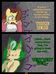 3:4 absurd_res anthro breasts brown_eyes brown_hair canid canine digital_drawing_(artwork) digital_media_(artwork) duo eeveelution female flamberry_(artist) fur generation_4_pokemon generation_5_pokemon green_hair hair hi_res ibispaint_(artwork) jojo's_bizarre_adventure leafeon long_hair lyennan_venizee_flare_(flamberry) male male/female mammal maya_lin_(flamberry) menancing mienfoo nintendo open_mouth pokemon pokemon_(species) ponytail simple_background smile text