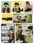 anthro badger canid canine canis clothing comic eating english_text european_badger eyewear food footwear gesture glasses handshake hi_res leo_(nardodraws) male male/male mammal martin_(nardodraws) meles mustelid musteline nardodraws sandals shoes simple_background takeout_box text wolf