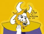 2015 anthro asgore_dreemurr ask-kingasgore beard blonde_hair boss_monster_(undertale) bovid cape caprine clothing crown dialogue english_text facial_hair hair headgear horn male mammal mature_anthro mature_male solo source_request text undertale undertale_(series)