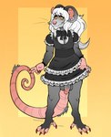 american_opossum anthro armwear balls bedroom_eyes bodily_fluids chin_tuft clothed clothing crossdressing curled_horn dripping facial_hair facial_tuft femboy fishnet_armwear fishnet_clothing flaccid fur genital_fluids genitals goatee grey_body grey_fur hair half-closed_eyes hi_res homodogo horn humanoid_genitalia humanoid_penis long_hair maid_apron maid_uniform male mammal marsupial narrowed_eyes nonbinary_(lore) penis pink_body pink_skin precum precum_drip precum_string seductive simple_background smile solo tuft uniform vein veiny_penis virginia_opossum white_hair yellow_background