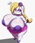 anthro big_breasts biped blonde_hair blush bottomwear breasts broodal clothing eyelashes female footwear hair hariet_(mario) huge_breasts lagomorph leporid mammal mario_bros mrxrickyx nintendo pupils rabbit shoes simple_background skirt solo super_mario_odyssey thick_thighs white_background white_body