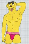 2024 anthro armpit_hair biped bird_dog body_hair bojack_horseman brown_claws brown_eyes brown_nipples brown_nose bulge canid canine canis checkered checkered_background claws clothed clothing digital_drawing_(artwork) digital_media_(artwork) domestic_dog ears_down eyewear eyewear_on_head fur golden_retriever hand_behind_head hi_res hunting_dog jockstrap looking_at_viewer male male_anthro mammal mr._peanutbutter navel netflix nipples partially_clothed partially_clothed_male pattern_background pink_clothing pink_underwear pivoted_ears portrait retriever simple_background slim solo standing sunglasses sunglasses_on_head three-quarter_portrait tongue tongue_out underwear unsafescapewolf whiskers white_background white_sclera yellow_body yellow_fur