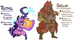 2017 anthro armguards armor beads belt bracers brown_body brown_fur brown_hair bulge cape clothing detailed_bulge duo english_text facial_piercing feathers fur hair hood jinti leg_wrap magic magic_staff magic_user male mammal markings nipples nose_piercing piercing pouches prayer_beads procyonid purple_body purple_fur raccoon rosary scroll skelav solo star star_eyes striped_markings striped_tail stripes tail tail_markings tectael teeth teeth_showing text thong tongue underwear