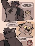 absurd_res anthro blush canid canine canis clothed clothing comic dialogue domestic_dog duo english_text hi_res male mammal muscular nipples pecs rygel_spkb speech_bubble text topless wolf