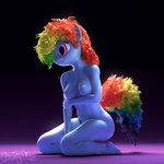 2024 3d_(artwork) absurd_res anthro anthrofied areola arm_under_breasts bangs big_breasts biped black_background blender_(artwork) blue_body blue_skin breasts burrymare dark_theme detailed digital_media_(artwork) earth_pony english_text equid equine female female_anthro fluffy fluffy_tail friendship_is_magic full-length_portrait gradient_background hair hand_between_legs handwritten_text hasbro hi_res holding_breast horse kneeling light lighting long_hair looking_away looking_back mammal multicolored_hair multicolored_tail my_little_pony nipples nude nude_female pink_eyes plantigrade pony portrait puffy_nipples purple_background rainbow_dash_(mlp) rainbow_hair rainbow_tail seiza shaded shadow short_hair shy signature simple_background sitting soft_shading solo tail text three-quarter_view