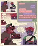 absurd_res anthro anthro_on_anthro black_claws canid canine claws clothed clothing comic dialogue duo english_text facial_hair hat headgear headwear hi_res male male/male mammal mustache simon_(throatspit) speech_bubble text texting throatspit topher_(throatspit)