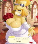 2022 4_fingers absurd_res animal_crossing anthro ball_gown bouquet breasts bride candle canid canine canis cleavage clothed clothing crown digital_media_(artwork) domestic_dog dress english_text eyebrows female fingers first_person_view flower gammainks headgear hi_res inside isabelle_(animal_crossing) looking_at_viewer mammal married_couple nintendo petals plant ring rose_(flower) rose_petals shih_tzu smile solo spouse_pov text tiara toy_dog wedding wedding_dress